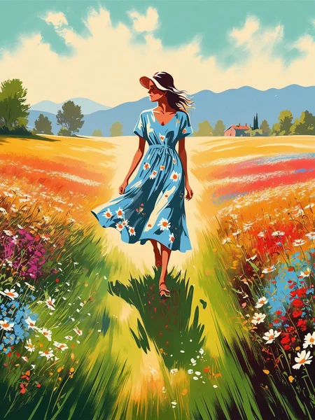 mad-stncl, woman wearing summer dress walking through meadow of flower,  <lora:Stencil_Art_SDXL:0.8>, (masterpiece:1.2), best quality