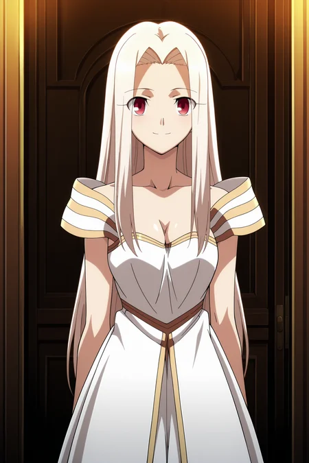 anime screencap, anime coloring, detailed face, masterpiece, best quality, very aesthetic, absurdres, volumetric lighting, official style, amazing quality, ultra detailed, highres, amazing quality, scenery, beautiful detailed hair, beautiful detailed eyes,
<lora:StS-Illustrious-Detail-Slider-v1.0:4>
 <lora:Irisviel_von_Einzbern_FateZero_-_Illustrious_V2:1>
Irisviel von Einzberg (character), irisviel von einzbern, 1girl, long hair, solo, white hair, red eyes, dress, anime coloring, breasts, cleavage, medium breasts, white and gold dress (outfit), cowboy shot, smile