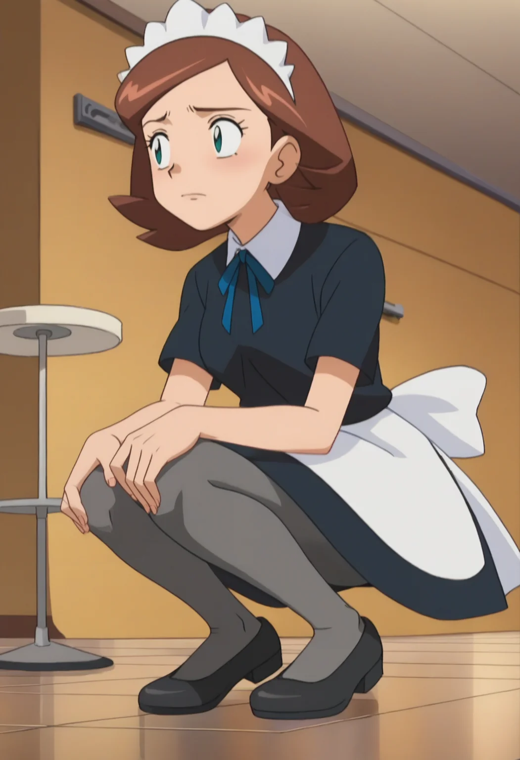 score_9, score_8_up, score_7_up, score_6_up, anime screencap, anime coloring, <lora:PMRhodaRhondaSis_epoch_8:0.8>, PMRhoda, brown hair, short hair, green eyes, maid headdress,
blue ribbon, neck ribbon, black shirt, short sleeves, black skirt, waist apron, grey pantyhose, black footwear, shoes,
squatting, looking away, blank stare, 
BREAK indoors,