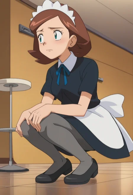 score_9, score_8_up, score_7_up, score_6_up, anime screencap, anime coloring, <lora:PMRhodaRhondaSis_epoch_8:0.8>, PMRhoda, brown hair, short hair, green eyes, maid headdress,
blue ribbon, neck ribbon, black shirt, short sleeves, black skirt, waist apron, grey pantyhose, black footwear, shoes,
squatting, looking away, blank stare, 
BREAK indoors,