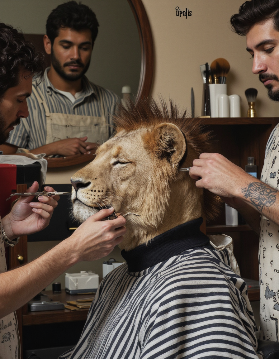ZooPolis art. A photo-realistic shoot from the side about a stylized lion sitting in a barber shop, with a male lion sitting on the barber's chair. the lion, who appears to be a male, is in the middle of the image, with its head turned to the side, closed eyes, and a relaxed expression. he is wearing a striped black and white turtleneck sweater, and his hair is styled in a mohawk. on the left side of the lion's head, a male barber is holding a pair of tweezers and is trimming his hair, while on the right side, another barber stands behind him, holding a brush and a comb. the background is blurred, but it seems to be an indoor setting with a round mirror and a wooden shelf. the lighting is soft and natural, and the image has a watermark "inaky" in the top right corner.