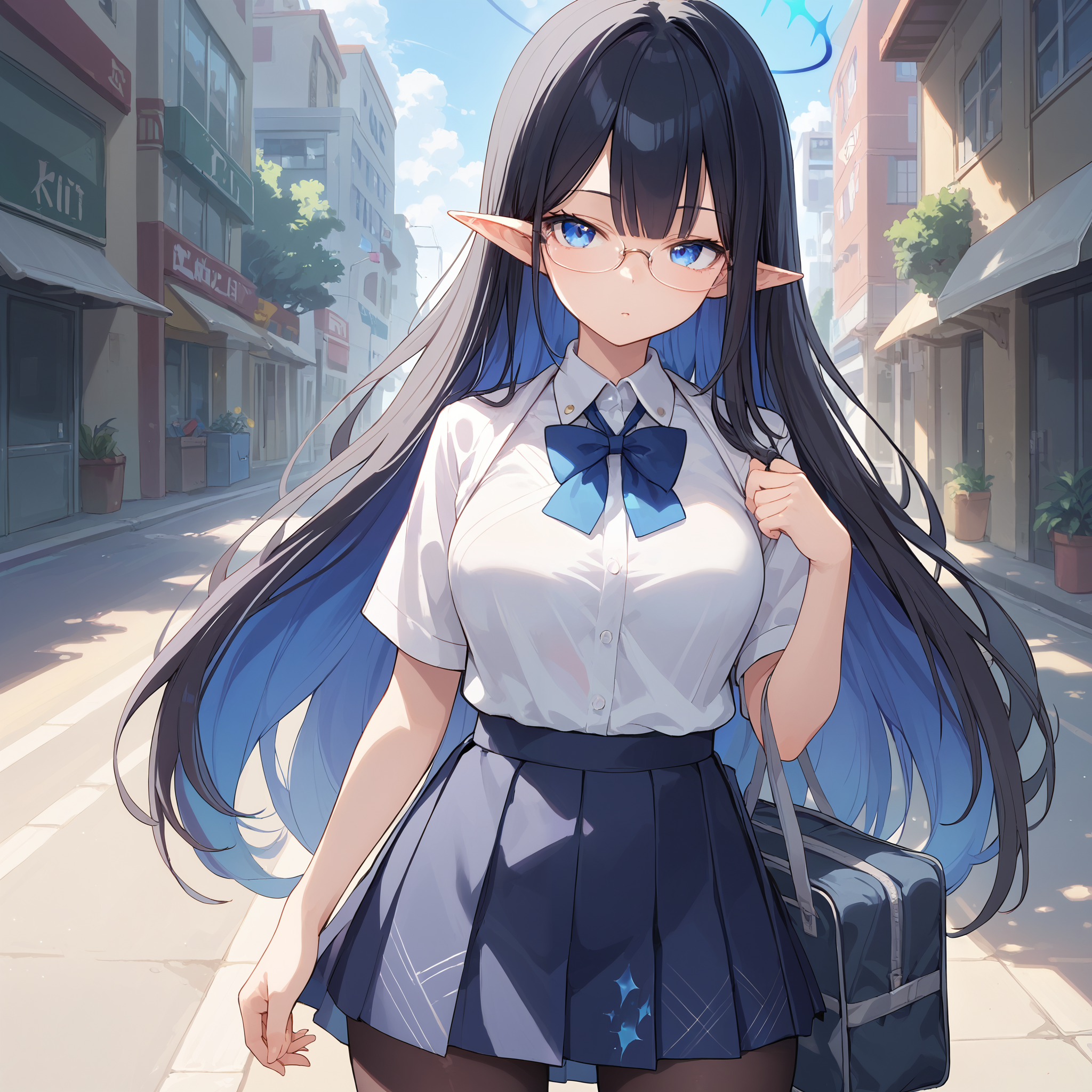 score_9, score_8_up, score_7_up, score_6_up, BREAK source_anime, look at viewer, cowboy shot, 1girl, solo,  masterpiece, best quality, high detailed skin,   rin \(blue archive\), long hair, multicolored hair, black hair, halo, pointy ears, blue eyes, glasses, school uniform, pleated skirt, white collared shirt,school bag, pantyhose, bowtie, outdoors,