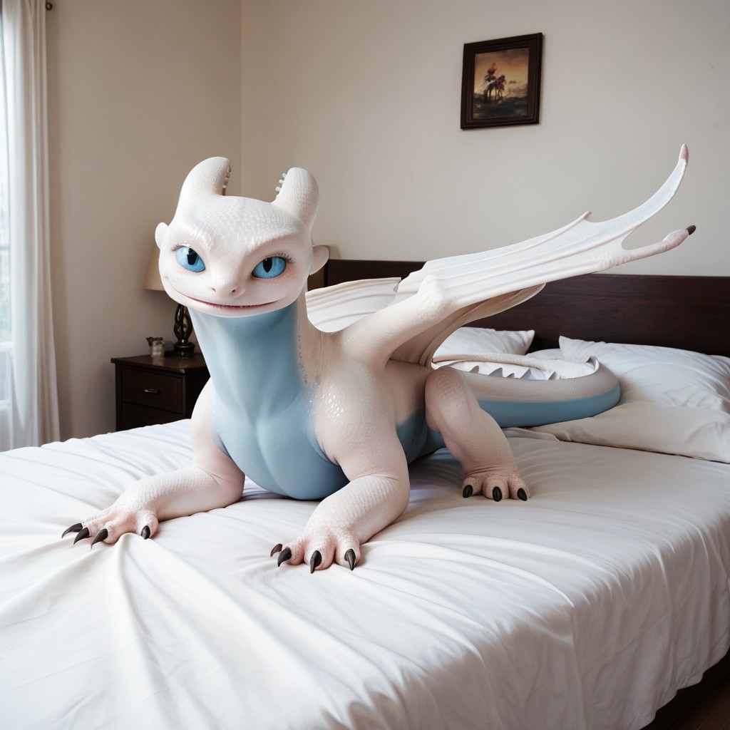 score_9, score_8_up, score_7_up, score_6_up, score_5_up, score_4_up, masterpiece, high quality, realistic, detailed, best quality, white bed, solo, rating_safe, source_furry, bedroom, smiling, seductive, looking at viewer, on bed, full body, nubless_httyd, dragon, white scales, wings, tail, female, 1girl, blue eyes, feral, claws