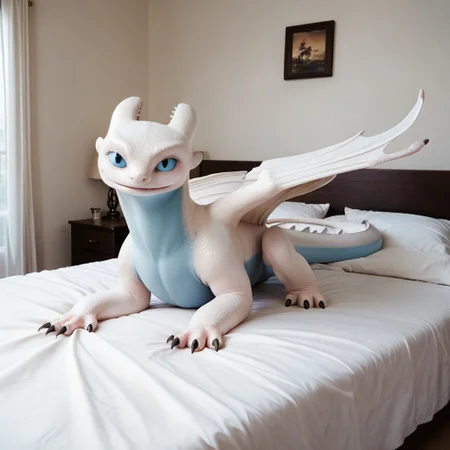 score_9, score_8_up, score_7_up, score_6_up, score_5_up, score_4_up, masterpiece, high quality, realistic, detailed, best quality, white bed, solo, rating_safe, source_furry, bedroom, smiling, seductive, looking at viewer, on bed, full body, nubless_httyd, dragon, white scales, wings, tail, female, 1girl, blue eyes, feral, claws