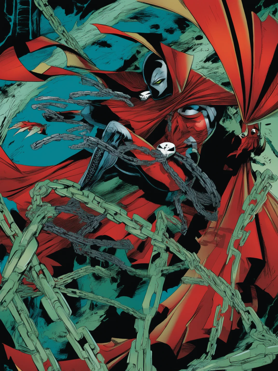 masterpiece, best quality, best score, absurdres, best anatomy, 
 <lora:[Todd McFarlane (associated Artists of Image Comics)] Spawn Art Style Issues 1-10 IllustriousXL:1>,western comics (style), superhero, red cape, mask, 1girl, weapon, battle, chain, green eyes, animification, claws, science fiction
