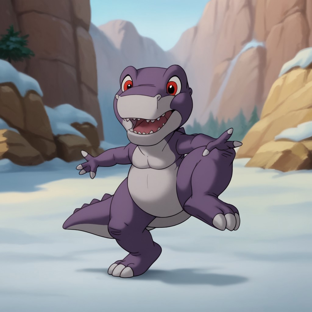 score_9, score_8_up, score_7_up, score_6_up, score_5_up, score_4_up, source_furry, Chomperlbttv, feral, male, Tyrannosaurus rex, dinosaur, scalie, purple skin, red eyes, front view, one leg up, on one leg, open mouth, head turned, valley, rocks, snow covered rocks