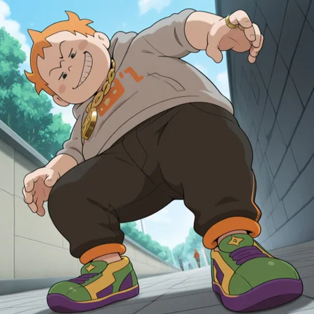 masterpiece, best quality, amazing quality, <lora:Sophocles_1418749:1.0>, sophocles, 1boy, male focus, human, solo, young, short hair, orange hair, spiked hair, black eyes, blush stickers, short, chubby, black baggy pants, grey hoodie, gold chain around neck, diamond ring, 
sneakers, standing, smirk, teeth, looking down, outdoors, sidewalk, low angle,