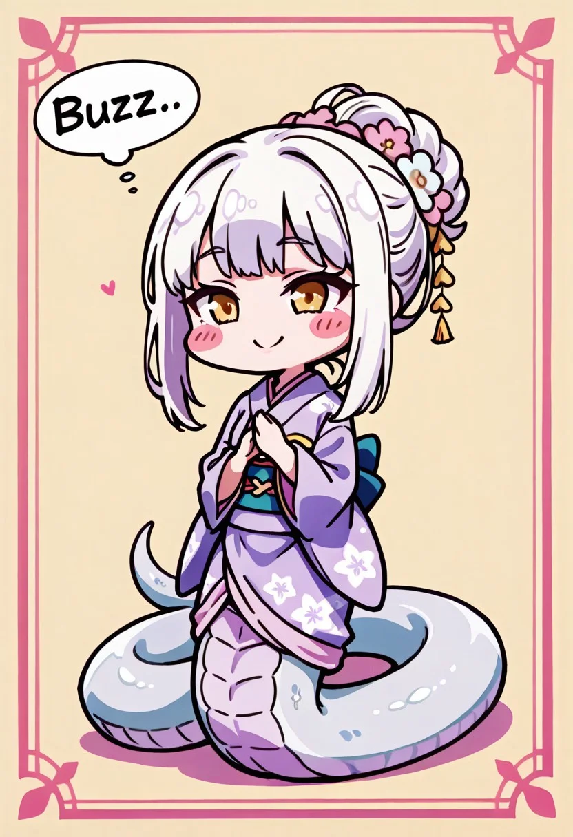 Masterpeice, high quality, english text:"Buzz",  text bubble, (buzz:1.4),
Shirohebi, lamia, white hair, ((long hair:1.2)),white scales, light purple underside,
solo, 1girl, happy,
fancy hairstyle, chibi,
 kimono, floral pattern, blush stickers,