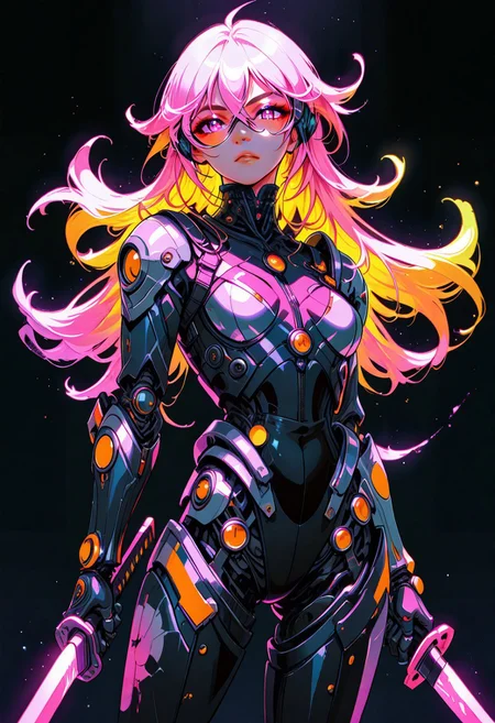 ckym, in the style of ckym, masterpiece, best quality, good quality, very aesthetic, absurdres, newest, 8K, depth of field, focused subject, artist:moriimee, BREAK  intricate linework with expressive contrasts, soft lighting with dynamic highlights, image of a Japanese cyborg woman, android body with robot arms, inticate wires and circuits, sci-fi knight armour, cyberpunk glasses, long bioluminescent hair, flowing hair, bangs, holding a glowing neon katana, looking at the viewer, dark background, bokeh, battle-ready stance, perfect hand