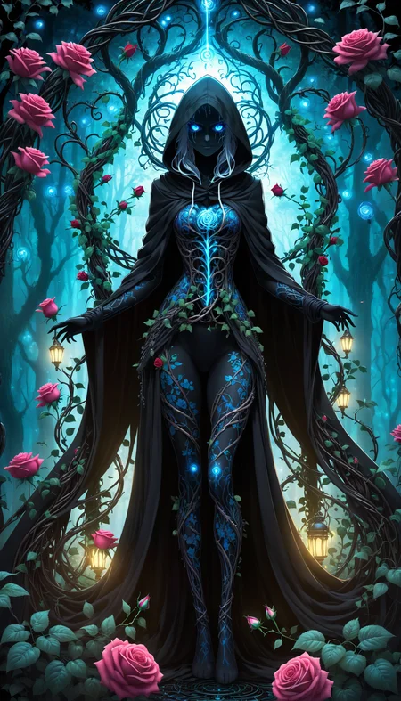 2D anime style, eerie feminine figure with glowing blue eyes and a sinister grin, standing tall with arms outstretched, shrouded in a hooded cloak intertwined with vines and roses. Mechanical limbs covered in intricate floral patterns, expressive and haunting presence, detailed and vibrant flowers and leaves. Background features a dark, foggy forest with twisted trees and glowing orbs, extreme complexity and details, bold outlines, flat colors
