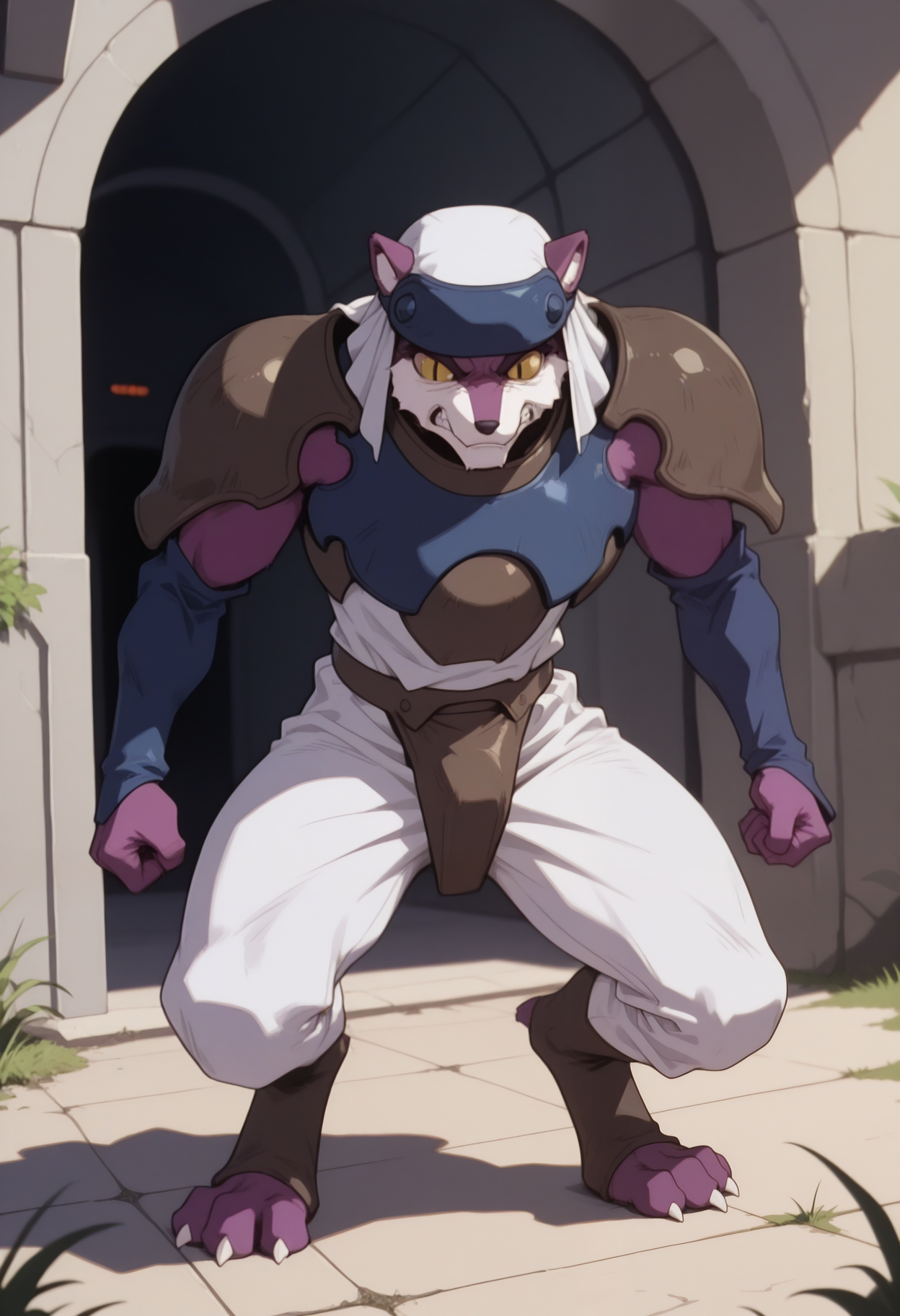 masterpiece,best quality,amazing quality, 1boy, solo, m1r4g3, furry, colored sclera, slit pupils, blue headwear, white headscarf, brown pauldrons, blue chest plate, brown chest armor, blue arm sleeves, white pants, full body, angry, outdoors, near spaceship,