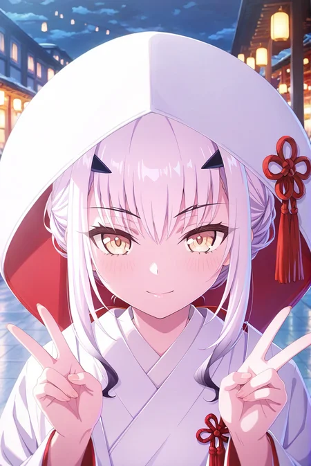 melusine \(fate\),(cinematic_angle:1.2),looking_at_viewer,depth of field,(fgo spring2025 newmaster promostyle),<lora:FGO Spring2025:0.8>,blurry,night,(uchikake:1.2),light smile,close-up,gohei,indoor,double_v,, masterpiece,best quality,amazing quality,