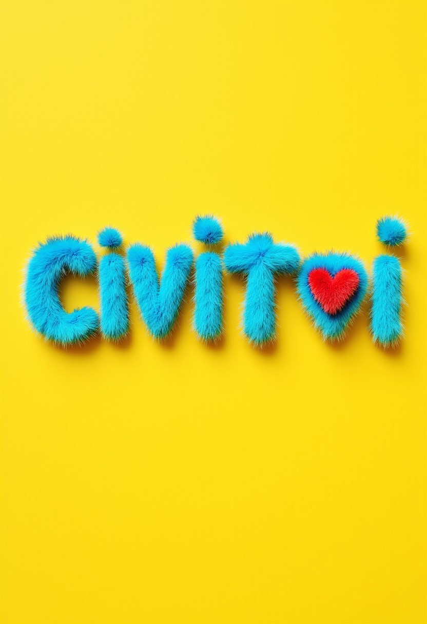 furrytext the word "CIVITAI" and a heart emoji, with bright turqoise letters coated in bright turquoise furr on yellow background.