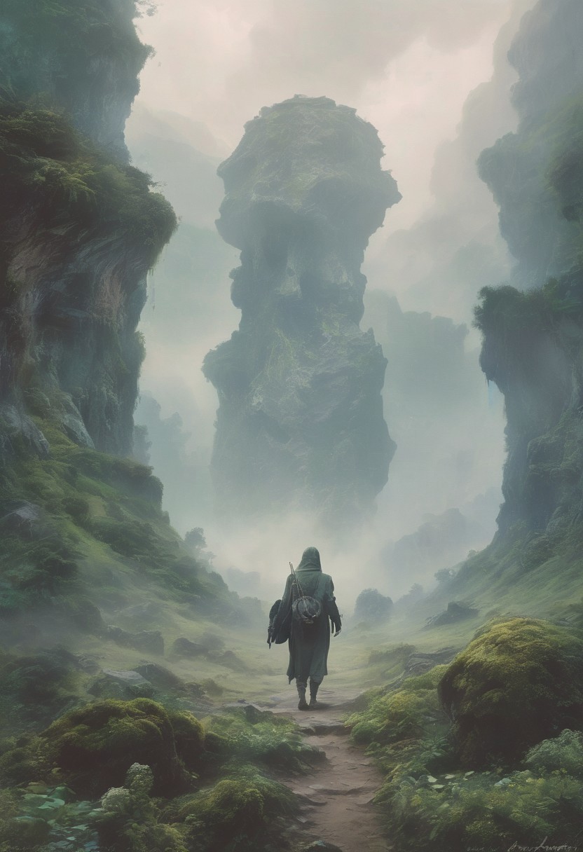 A solitary figure stands in a verdant valley, leading to a colossal weathered skull-shaped cave entrance under a hazy sky, with dark mossy greens on the skull blending into the stony grays, while the cave mouth is shrouded in misty light blues and a soft ethereal glow, <lora:MJ52:0.3>, <lora:SDXLFaeTastic2400:0.4>, <lora:zavy-cntrst-sdxl:0.7>