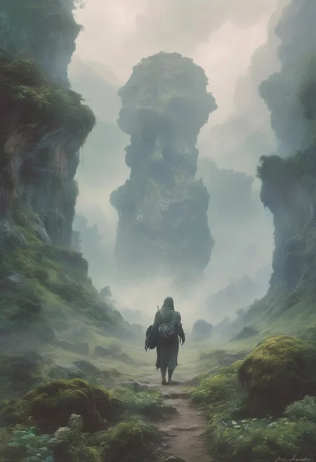 A solitary figure stands in a verdant valley, leading to a colossal weathered skull-shaped cave entrance under a hazy sky, with dark mossy greens on the skull blending into the stony grays, while the cave mouth is shrouded in misty light blues and a soft ethereal glow, <lora:MJ52:0.3>, <lora:SDXLFaeTastic2400:0.4>, <lora:zavy-cntrst-sdxl:0.7>