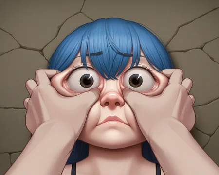 score_9, source_anime, BREAK, (grabbing eyes:1.3), eyes hidden with hands, (huge face:1.3), pov, tiny hand, funny, meme, (close up:1), (size difference:1), girl face, hair, nose, neck, <lora:sppovCheekGrabbingmemeXLPony:0.6>