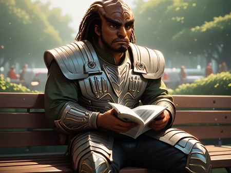 sitting on a park bench reading a newspaper <lora:Klingon_v2_pony:1> score_9,score_8_up,score_7_up,score_6_up,score_5_up,score_4_up , 1man, kling0n alien, large forehead ridges, brown skin, large eyebrows, wearing warrior armor,