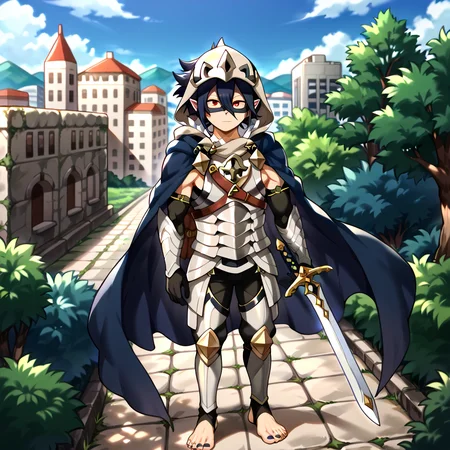 masterpiece, best quality, sharp aliasing, highly detailed, Quality, High Definition, Full Body View, <lora:EPfeCorrinPony:1>EPfeCorrin, blue cape, armour, black gloves, full gloves, black pants, wearing pants, outdoors, day, stone ground, tree, bush, buildings, barefoot, toeless legwear, armoured legwear, stirrup legwear, 5 toes <lora:Amajiki_Tamaki__Pony:1>Tamaki Amajiki, pointy ears, red eyes, dark blue hair, hair between eyes, hood, mask, male, male body, solo, 1male, sword, standing <lora:feet_anime_pony_v2:1>feet, dark blue toenails