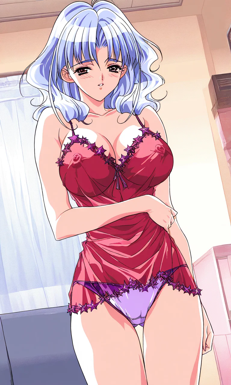 masterpiece, best quality, absurdres, official art, official style, general BREAK <lora:Namura_Keiko_Hizumi_IS:1>
Namura_Keiko(Hizumi), 1girl, solo, huge breasts, long hair, blue hair, brown eyes, 
red lingerie,  star (symbol),  purple panties, underwear,
blush, covered nipples,  thigh gap, looking at viewer, 
cowboy shot, standing, parted lips, uncensored, chemise, no bra, indoors,