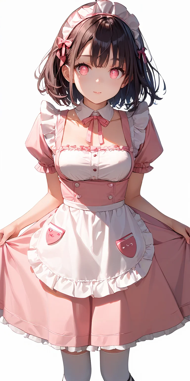 score_9, score_8_up, score_7_up,source_anime, high res image,masterpiece,best quality,girl,cute face,clear skin,shiny hair,ultra detailed eyes,simple background,middle breasts,
<lora:maid_Pony_V1.0:1> jyojifuku,frills,kneehighs,apron,pink dress