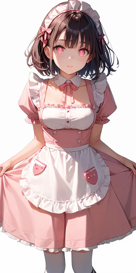 score_9, score_8_up, score_7_up,source_anime, high res image,masterpiece,best quality,girl,cute face,clear skin,shiny hair,ultra detailed eyes,simple background,middle breasts,
 <lora:maid_Pony_V1.0:1> jyojifuku,frills,kneehighs,apron,pink dress