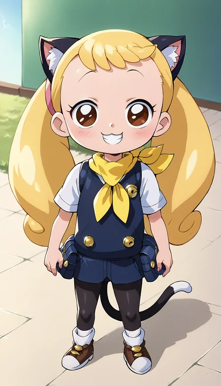 anime artwork of score 9,score_8_up,score_7_up,source_anime,masterpiece,best quality,(parody:1.2),(anime screencap:1.2),
BREAK
(makihatayama hana:1.2),1girl,(female child:1.5),(twintails:1.2),blonde hair,brown eyes,ornament,hairband,solo,
BREAK
morgana,cat ears,cat tail,pochette,yellow scarf,
BREAK
(perfect hands:1.2),smile,
<lora:hana_makihatayama_xl_for_pony_xl_v01:0.7>,<lora:hand 4:1>,<lora:Morgana_PDXL:0.8>,