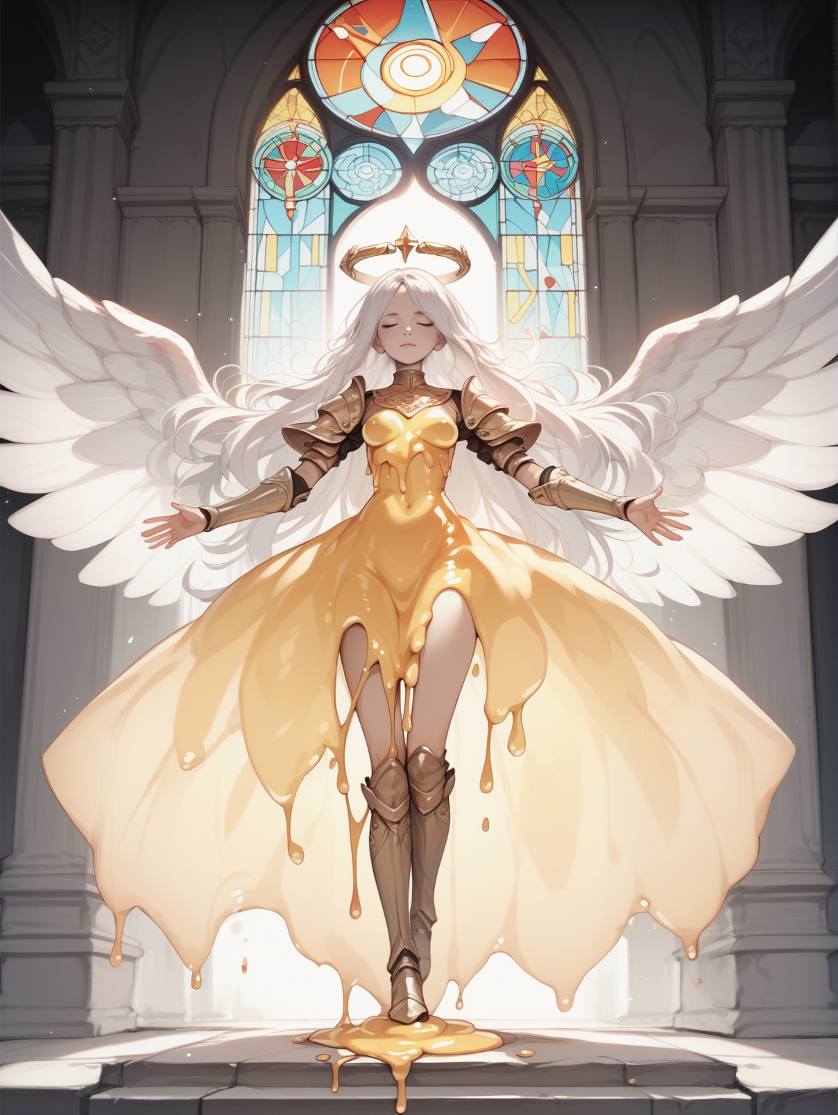 score_9, score_8_up, score_7_up, score_6_up, score_5_up, score_4_up, source_anime, source_cartoon,
1girl wearing a golden (liquid dress), <lora:liquid_dress-PD-1.0:1>,
angel wings, halo, (armor), backlighting, closed eyes, absurdly long hair, white hair, outstretched arms, cathedral, stained glass,