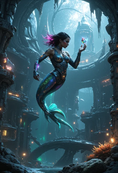 In a futuristic, underwater city, a sleek, mechanical mermaid glides through the crystalline waters of an immense, glass-domed aquarium. The cityâs architecture is a breathtaking blend of organic shapes and high-tech elements, with tall, spiraling towers made of shimmering, translucent materials that mimic the look of coral and sea life. Bright, neon lights illuminate the structures, casting colorful reflections that ripple across the walls of the city and into the water, creating a vibrant, glowing underwater metropolis.
The mermaid has an elegantly designed, bioluminescent tail that shines in hues of electric blue, green, and purple, with flowing, delicate fins that trail behind her like liquid silk. Her upper body is metallic armor-like suit, made from lightweight, reflective materials that seem to adjust with the motion of her body. Her face is calm, with sharp, futuristic features and bioluminescent tattoos glowing faintly along her cheeks and neck, marking her as a warrior or protector of this aquatic world.
She holds a futuristic trident in one hand, its sharp, glowing prongs flickering with energy, and her other hand is raised, gently interacting with a group of small, glowing fish that hover around her, attracted by her bioluminescence. The fish, with their translucent bodies and tiny light orbs, dart playfully in and out of the shadows, casting soft, colorful lights as they move.
Around her, the city pulses with life. Hovering transport pods glide above the water, moving between the towering spires, and digital holograms project images of the city's history, culture, and creatures, floating in the water. The air within the glass dome is humid and rich with the sounds of distant echoes and soft aquatic melodies that seem to come from the depths. The entire scene has a sense of harmony between nature and technology, where the beauty of the ocean meets the advances of a highly advanced civilization. <lora:flux_realism_lora:1> <lora:MysticFantasy-FLUX:0.5999999999999996> <lora:midjourney_whisper_flux_lora_v01_[Midjourney_Whisper]:0.35>