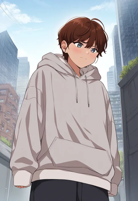 Masterpiece, Highest Quality, Score_9, Score_8_up, Score_7_up, source_anime. anime style. masterpiece, highres, absurdres. Best resolution.
solo. handfixer. building entrance. embarrassed. standing posture
song jiwoo. 1girl. brown hair. short hair. gray eyes. tomboy.
gray hoodie. hood down. gray long pants.
gray clothes. setup