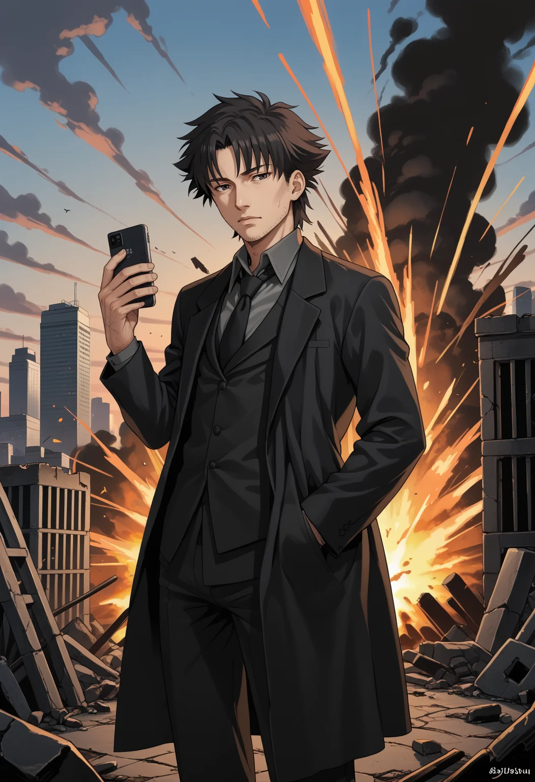 score_9, score_7_up, BREAK, <lora:emiyakiritsuguv1:1>, standing, emiya kiritsugu, black hair, short hair, facial hair, stubble, long coat, black coat, grey shirt, collared shirt, waistcoat, black necktie, black eyes, ruins, skyscraper, holding phone, phone, explosion,