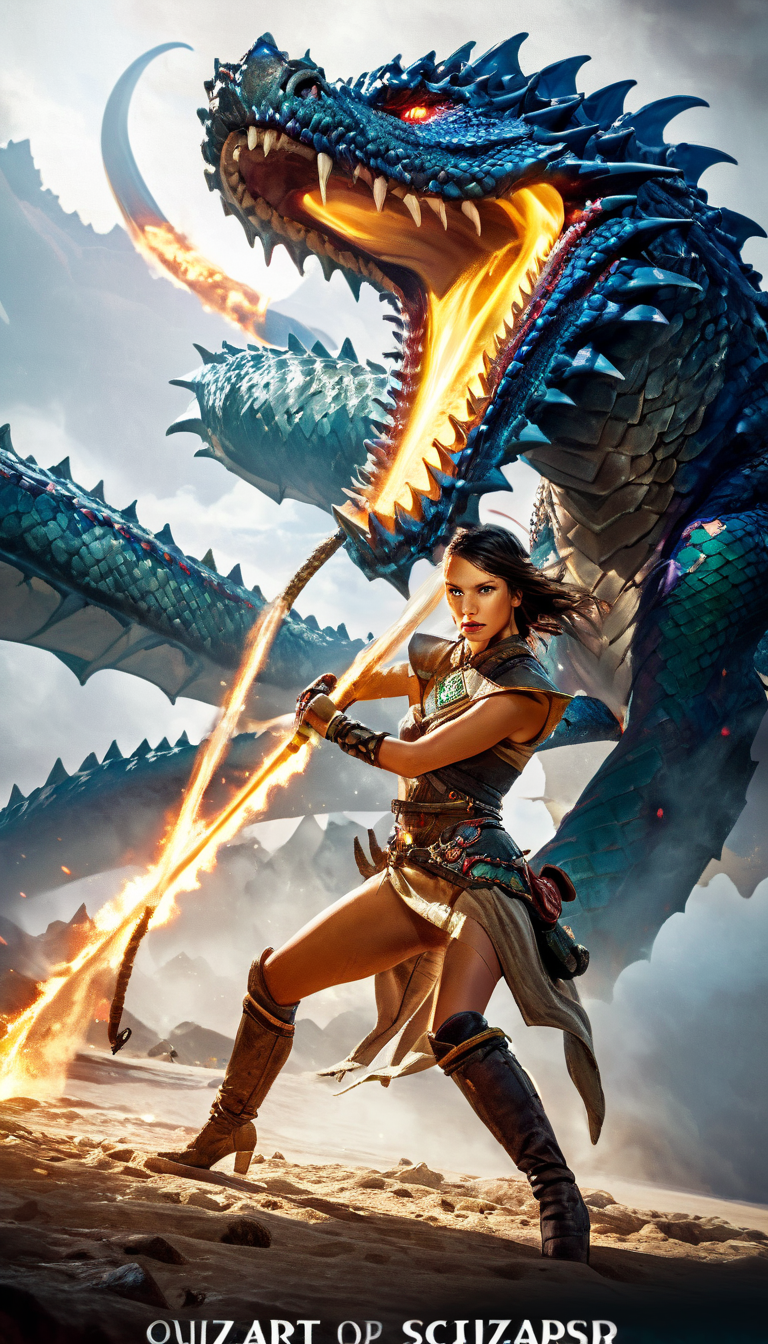 Colorful stunning female adventurer in exotic outfit, fighting a giant majestic  dangerous dragon, adventure, fantasy, science fiction, sci-fi, extremely beautiful piercing eyes, cinematic scene, hero view, action pose, scenery, detailed background, masterpiece, best quality, high quality, intricate, absurdres, very detailed, extremely high resolution, 8k, vivid, colorful, Greg Rutkowski <lora:greg_rutkowski_xl_v2:1.5>