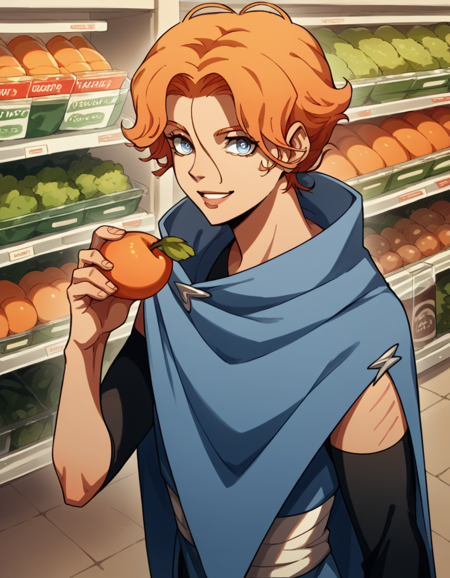 score_9, score_8_up, score_7_up, source_anime, <lora:castlevania-sypha-ponyxl-lora-nochekaiser:1>, sypha, short hair, blue eyes, orange hair,, cape, blue cape,, grocery store, shopping cart, picking fruits, everyday life, , smile, looking at viewer, arm flexed showing muscle, solo,, cowboy shot, dutch angle