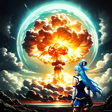 score_9, score_8_up, score_7_up, detailed background, realistic lighting, no_humans,
<lora:Nuclear_Explosion epoch10:1.2>, nuclear explosion in background, nuclear explosion,
<lora:Aqua_Konosuba__-_Pony_NSFW:1> ,Aqua(/Konosuba)/, pale skin, blue eyes, blue hair, long hair, hair ornament, hair rings, single hair ring
Aqua crying,