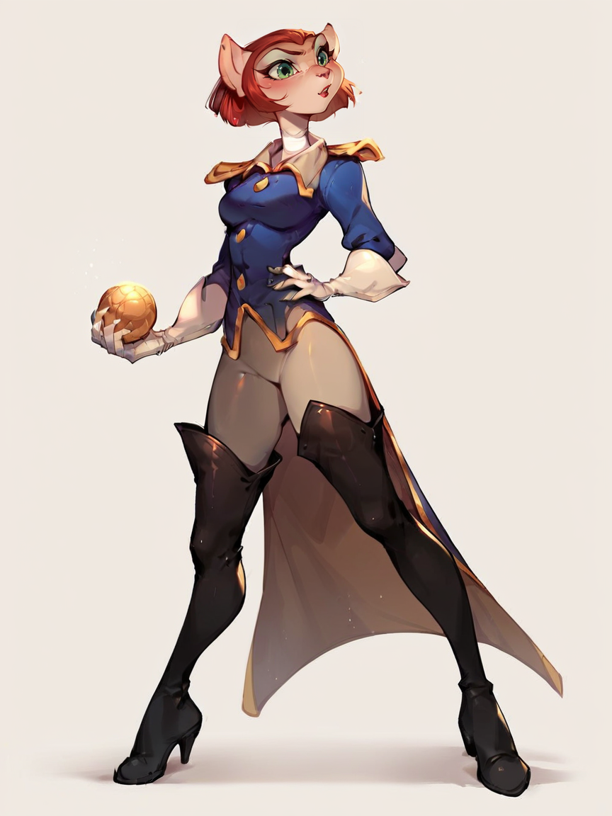 score_9, score_8_up, score_7_up, score_6_up, score_5_up,   <lora:CaptainAmeliaXLP:1> captain amelia, 1girl, solo, short hair, red hair, green eyes, thigh boots, furry, white gloves, full body,