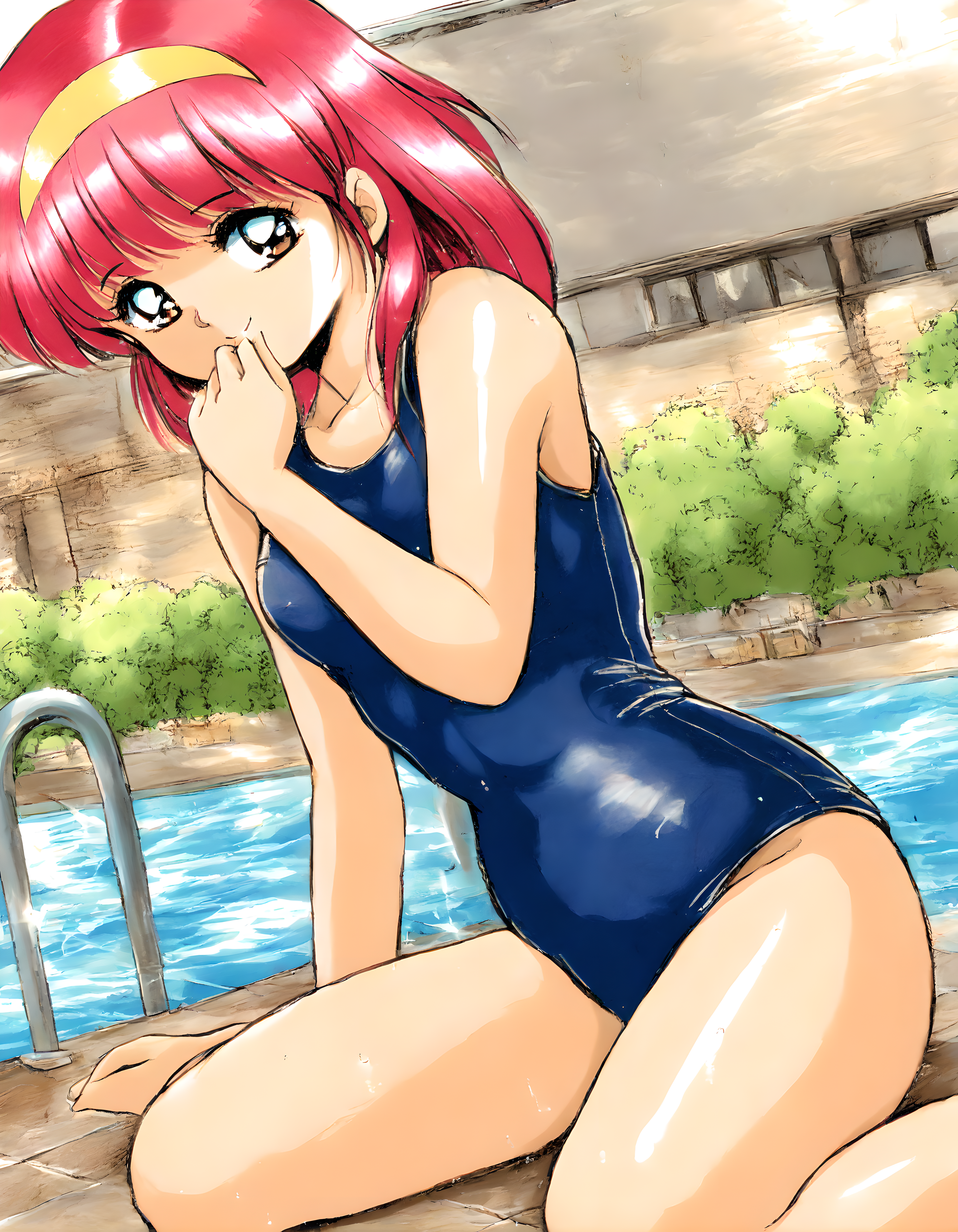 <lora:illustrious_XL_ayumi-chan:0.9>,ayumi-chan,masterpiece,best quality,good quality,1girl,solo,school_swimsuit,smile,day,swimming pool,pool side,wariza,hand_to_mouth,cowboy_shot,