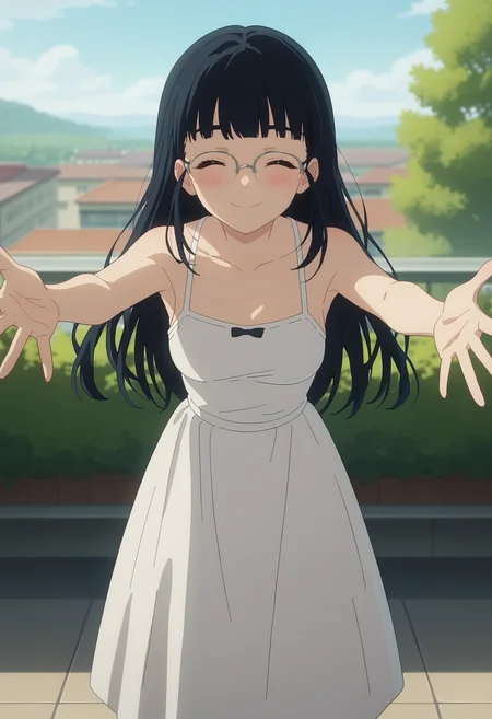 score_9, score_8_up, score_7_up, anime screencap, source_anime, 1girl, solo,
<lora:Tiara_Basori_Makeine_V1:.85>,  KJOtiara, black hair, blue eyes, blunt bangs, mole on neck, long hair, 
white sundress, bare shoulders, happy, looking at viewer, blush, smile, glasses, closed eyes, 
outstretched arms, 
rooftop,
(Beautiful, medium Breasts:1.2),