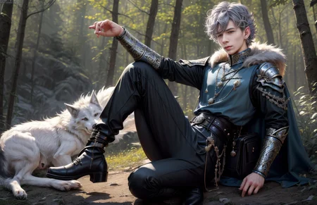 8k, wolf prince, ((masterpiece)).((best quality:1.2)), sharp focus, full body, head to toe, 1 young man, 22 years old, youthful appearance, male focus, dynamic pose, silver colored hair, curly hair, EYESHD, small testicle bulge, Nora outfit fur accents, Nora outfit bead necklaces, Nora outfit pants, Nora outfit hip quiver, Nora outfit leg guards, Nora outfit arm braces, Nora outfit belt with pouches, and Nora outfit fur boots, defined body, thin waist, looking at camera, armor, detailed background a wooded clearing, a pet wolf standing nest to him,(absurdres) , <lora:more_details:0.5>, <lora:wrenchftmfshn>,<lora:add-detailxl:0.8>, <lora:Eyes_High_Definition-000007>, , <lora:lightup_brightness_v200:1>, <lora:Nora:1>