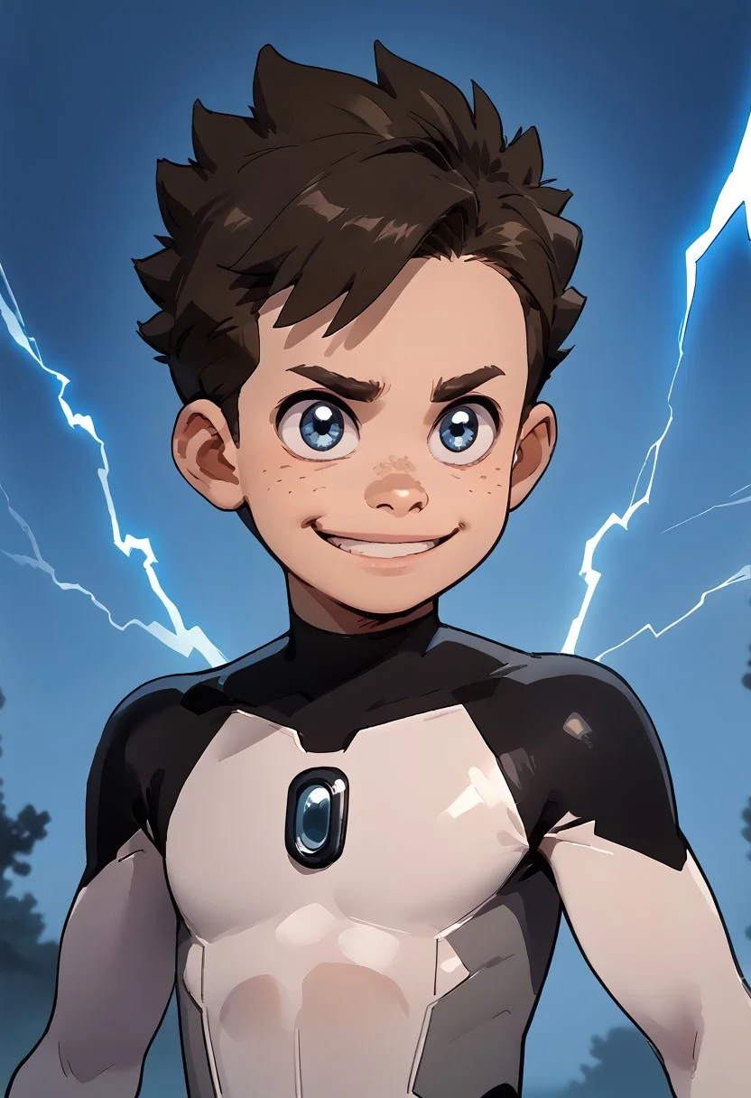 score_9, score_8_up, score_7_up, 1boy, solo, cute boy, Koji, Blue Eyes, Brown Hair, Freckles, Bodysuit, Smile, lightning, portrait, flying, dynamic pose, JJFrenchiestyle
