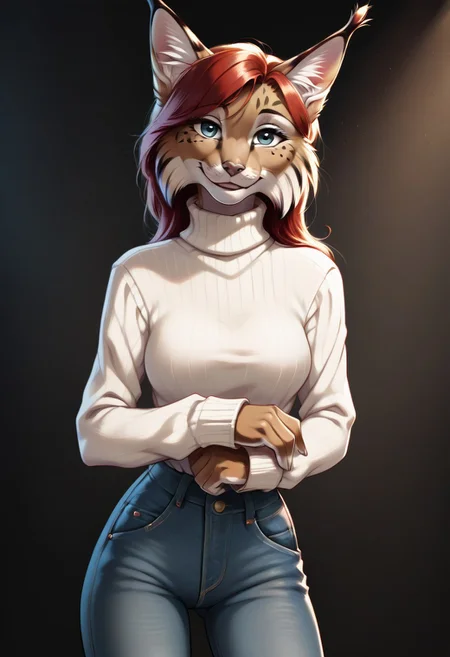 digital_media_(artwork) hi_res, score_9, score_7_up, score_6_up, source_furry, rating_safe, anthro, furry, female, furry female, detailed textured fur, fur tufts, lynx, red hair, blonde brown fur, spots, beautiful blue eyes, medium breasts, covered breasts, slim, slender, turtleneck sweater, denim jeans, smile, SFW,