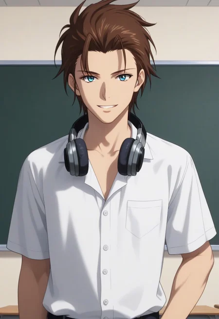 ((masterpiece)), ((best quality)), ((ultra-detailed)), ((absurdres)), score_9_up, score_8_up, score_7_up,
HD, top quality, best quality, amazing quality, High-quality illustrations, anime screencap, source_anime, best aesthetic, perfect proportions, perfect eyes, 1boy, 1male, solo boy, solo male, male focus, solo male focus, Anime, boy, male anime character, anime boy, handsome, attractive, cute, charming, sexy, hot, ((tall, tall body, talk height)), ((slim body, slender body, thin body)), ((front view, front view, front shot, facing front, looking at viewer)), Motoki Yaze, brown hair, slicked back hair, blue eyes, Headphones on shoulders, white shirt, untucked shirt, black pants, updn, easynegative, neghands, Expressiveh, ((smile)), ((hand on hip)), ((head to hips shot, cowboy shot)), ((classroom, in front of blackboard))
