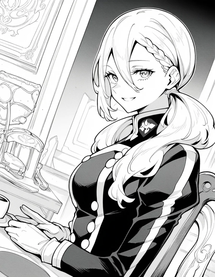 score_9, score_8_up, score_7_up, source_anime, <lora:varvara-pilipenko-manga-ponyxl-lora-nochekaiser:1>, varvara pilipenko, greyscale, monochrome, long hair, hair between eyes, braid, twintails,, gloves, uniform, military, military uniform, staff room, table, chairs, coffee machine, relaxation, smile, from side, looking at viewer, solo,, dutch angle, cowboy shot
