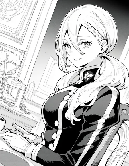 score_9, score_8_up, score_7_up, source_anime, <lora:varvara-pilipenko-manga-ponyxl-lora-nochekaiser:1>, varvara pilipenko, greyscale, monochrome, long hair, hair between eyes, braid, twintails,, gloves, uniform, military, military uniform, staff room, table, chairs, coffee machine, relaxation, smile, from side, looking at viewer, solo,, dutch angle, cowboy shot