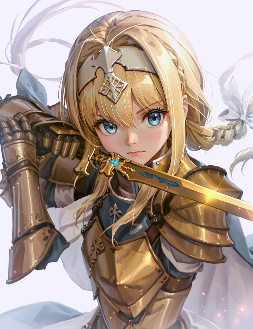 score_9, score_8_up, score_7_up, 
low guard sword parry stance, 1girl,solo,long hair,looking at viewer,bangs,blue eyes,blonde hair,white background,bow,hair between eyes,very long hair,closed mouth,upper body,braid,hair bow,hairband,cape,armor,floating hair,white bow,shoulder armor,gauntlets,pauldrons,braided ponytail,white hairband,breastplate,fantasy,blue cape,knight,glowing weapon,glowing sword,two-handed,gold armor,alice zuberg
<lora:low_guard_parry_stance:1>