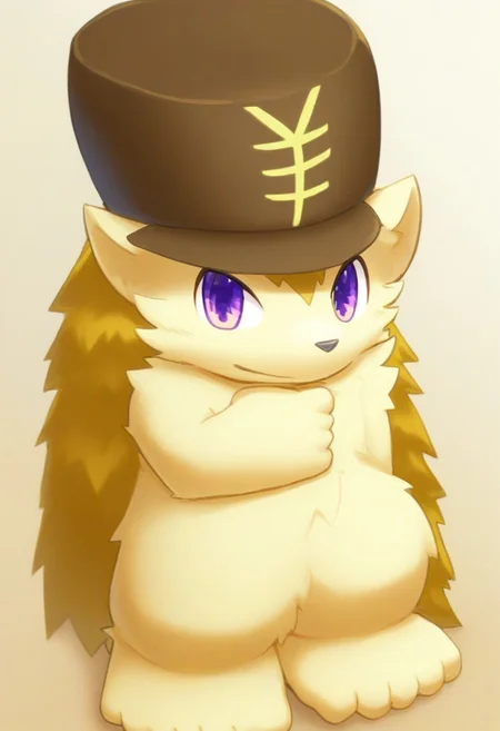 furry, anthro, cute, kemono, male focus, solo, score_9, score_8_up, male, full body, digital art, highly detailed, full body, looking at viewer, hedgehog inaho, hedgehog, hat, 1boy, no humans, purple eyes, hat with japanese yen sign