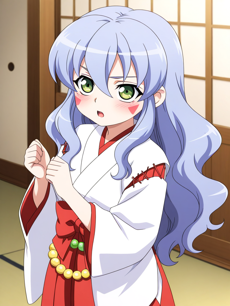 general,highres, ultra-detailed,very aesthetic,best quality ,best hands, BREAK <lora:Nazuna_Onmyou_Taisenki_Ver2.0_IS:0.8>Nazuna, long hair,
wavy hair,
1girl, solo, japanese clothes, miko, green eyes, red hakama, long hair, skirt, open mouth, hakama, blue hair, blush, hakama skirt, long sleeves, facial mark, Yellow beads,
red triangle facial mark, hair between eyes,white kimono,cross-laced sleeves,long sleeves, wide sleeves, red hakama pants, red layered waist bow, waist beads,