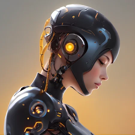 FUNDING,future,concept robot,black robot 1girl,solo,short hair,simple background,upper body,from side,lips,profile,glowing,spot color,science fiction,android,cable,cyborg,<lora:FN_WeiLai-000005:1>,