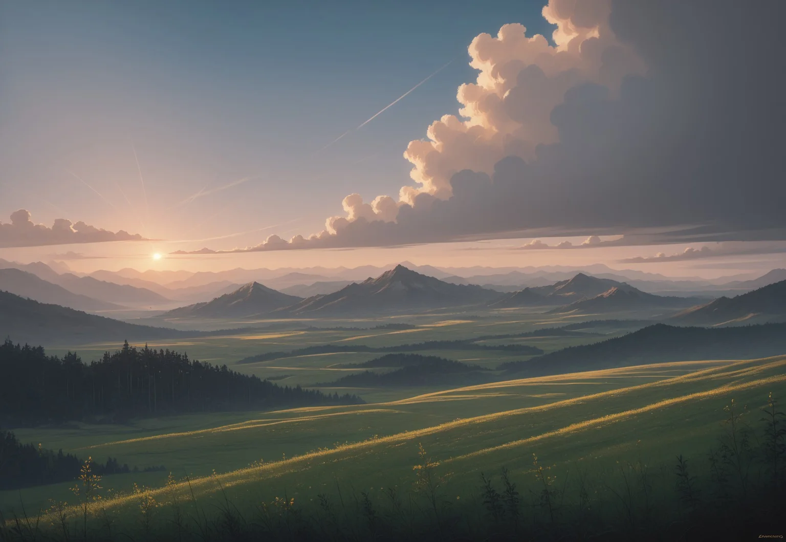 score_9, score_8_up, masterpiece, best quality, absurdres, highres, high quality, highly detailed, landscape photography, fields of golden grain, bright blue sky with white wisps of cloud, evergreen trees, natural lighting, high contrast, vibrant color, arcane
