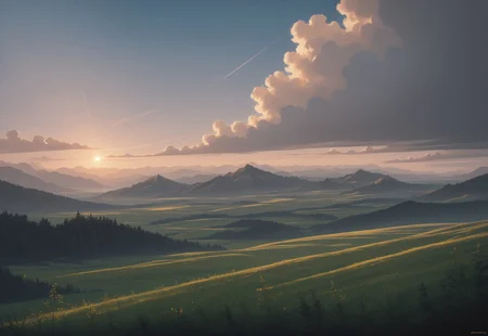 score_9, score_8_up, masterpiece, best quality, absurdres, highres, high quality, highly detailed, landscape photography, fields of golden grain, bright blue sky with white wisps of cloud, evergreen trees, natural lighting, high contrast, vibrant color, arcane