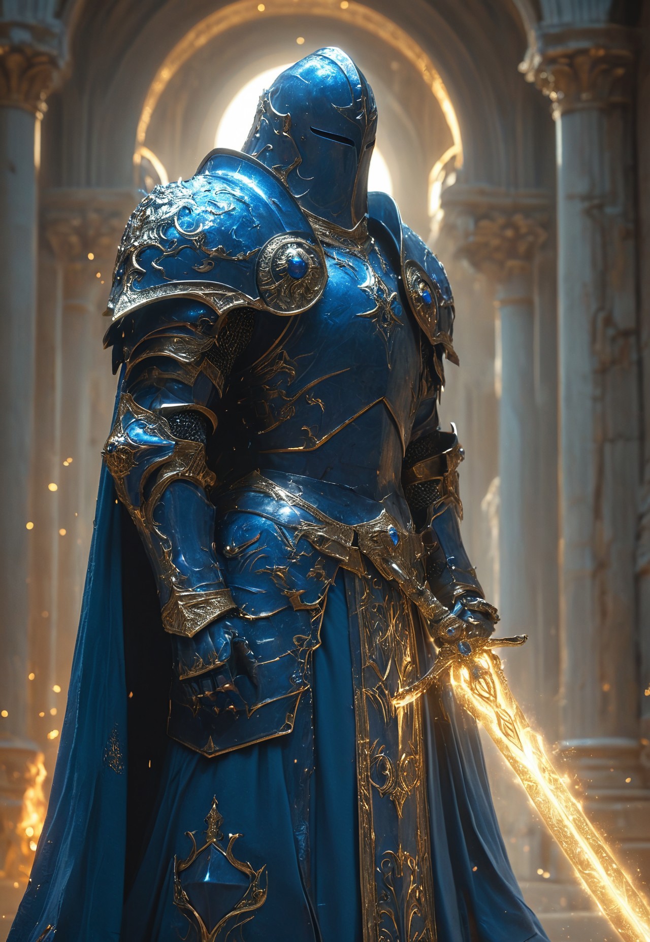 masterpiece, best quality, hyper detailed, ultra detailed, super realistic
Amid a raging storm, a shadow knight stands—a harbinger of doom and fire. His obsidian-black armor, adorned with intricate gold filigree, bears the scars of countless battles. A heavy, fur-lined cloak drapes over his broad shoulders, shrouding him in darkness. Beneath the hood, a menacing helm conceals his face, save for the fiery glow of his eyes, burning like embers from the abyss.

In his grip, a blade of molten fire seethes with raw power, its edges pulsing with infernal energy. Raindrops sizzle as they meet the heated steel, vanishing into rising steam. The storm howls around him, wind and ash swirling in his wake as if nature itself fears his presence. Behind him, the world is cloaked in shadow, the faint glow of distant destruction illuminating the battlefield.

He is more than a warrior—he is a dark sentinel, an omen of war, forged in the crucible of chaos, and destined to bring ruin to all who stand in his path.
