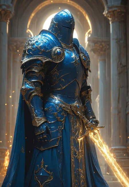 masterpiece, best quality, hyper detailed, ultra detailed, super realistic
Amid a raging storm, a shadow knight stands—a harbinger of doom and fire. His obsidian-black armor, adorned with intricate gold filigree, bears the scars of countless battles. A heavy, fur-lined cloak drapes over his broad shoulders, shrouding him in darkness. Beneath the hood, a menacing helm conceals his face, save for the fiery glow of his eyes, burning like embers from the abyss.
In his grip, a blade of molten fire seethes with raw power, its edges pulsing with infernal energy. Raindrops sizzle as they meet the heated steel, vanishing into rising steam. The storm howls around him, wind and ash swirling in his wake as if nature itself fears his presence. Behind him, the world is cloaked in shadow, the faint glow of distant destruction illuminating the battlefield.
He is more than a warrior—he is a dark sentinel, an omen of war, forged in the crucible of chaos, and destined to bring ruin to all who stand in his path.